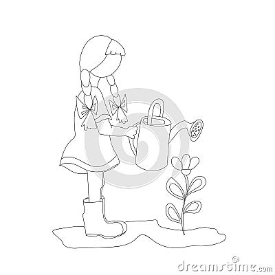 Little girl helps with housework. watering from a watering can indoor plants in pots Vector Illustration